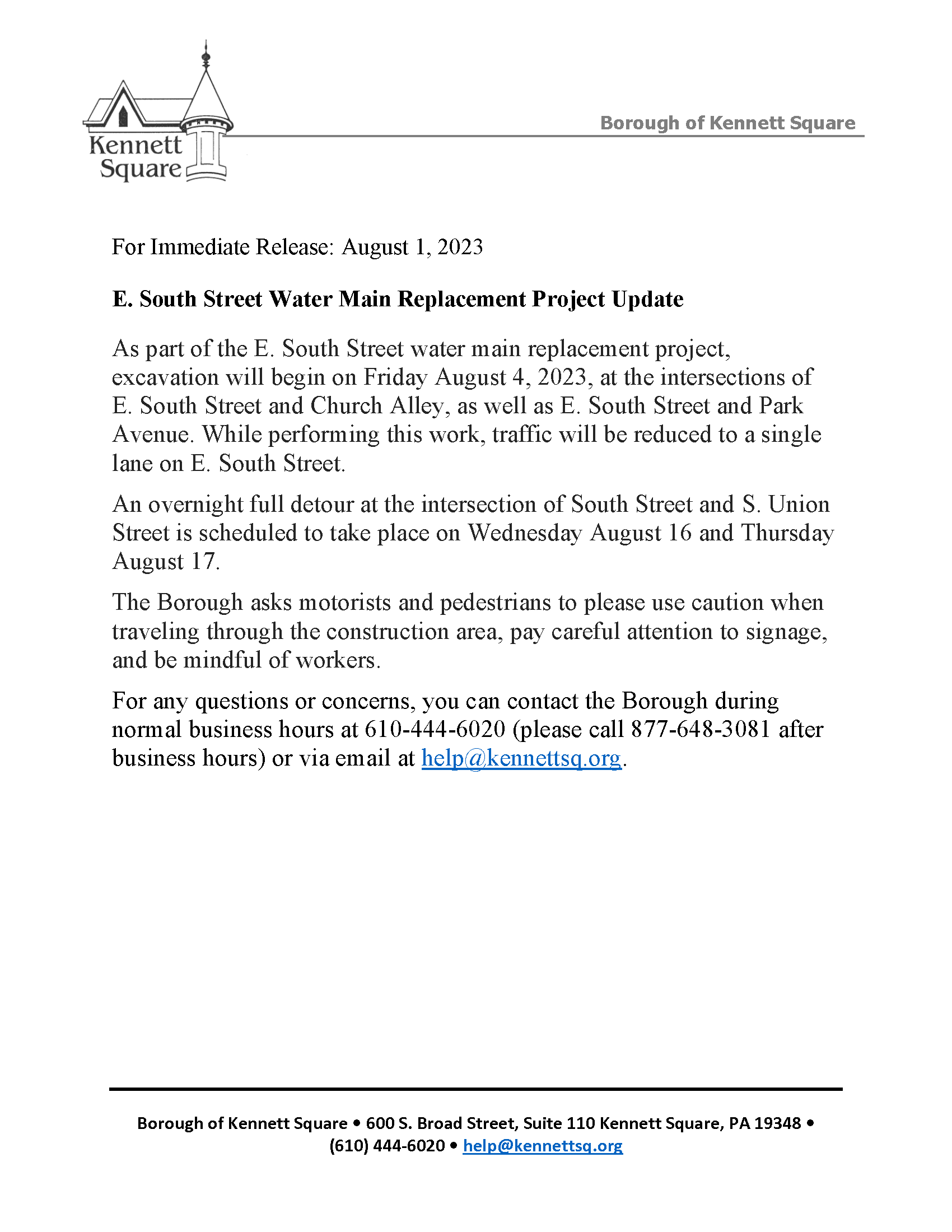 E. South Street Water Main Replacement Project Update